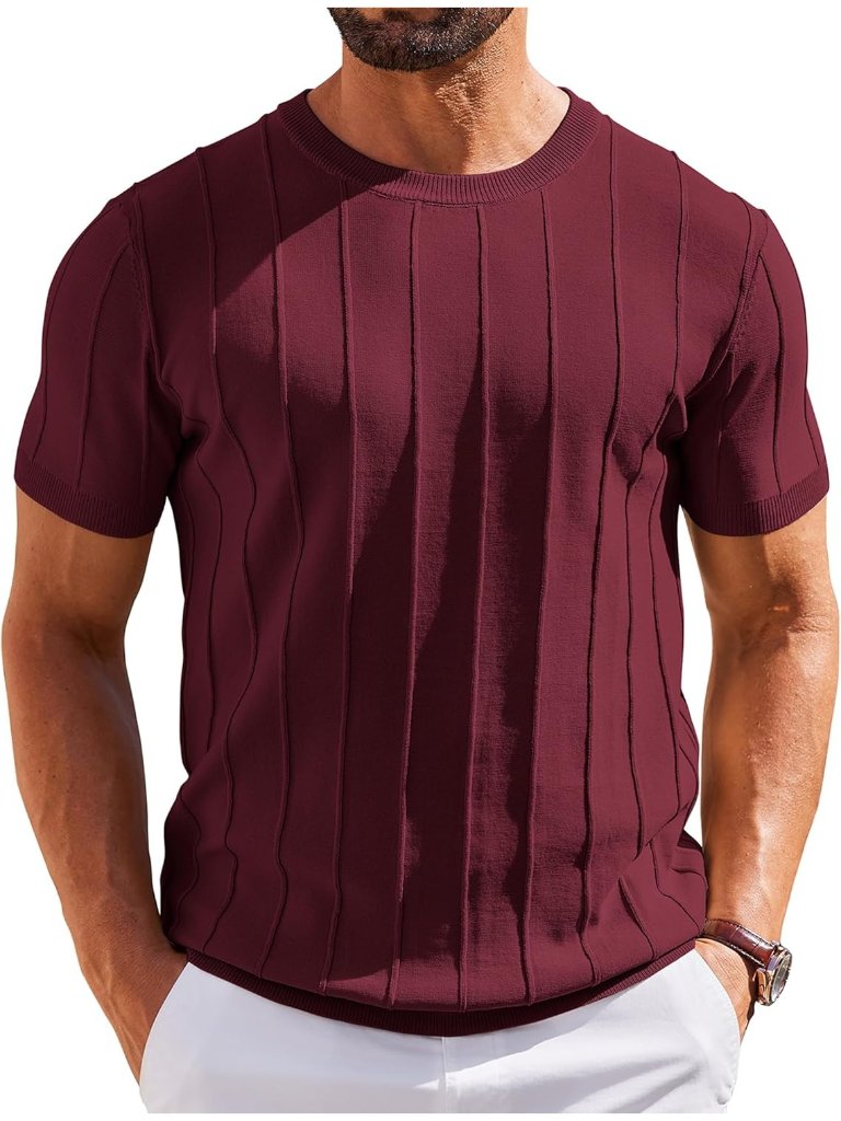 Men's Wine Red T Shirts Short Sleeve Knit Sweater Shirt Casual Crewneck Pullover